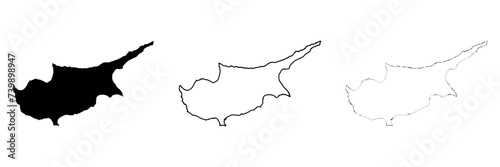 Cyprus country silhouette. Set of 3 high detailed maps. Solid black silhouette, thick black outline and thin black outline. Vector illustration isolated on white background. photo