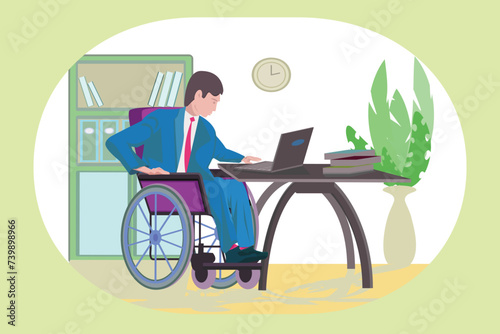 Side view of a portrait of a wheelchair-bound man working at a desk, open plan in a modern apartment. A young man with a disability starts his workday by checking his email at home.