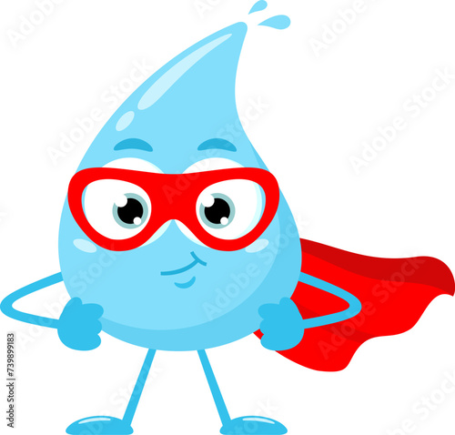 Blue Water Drop SuperHero Cartoon Character. Vector Illustration Flat Design Isolated On Transparent Background