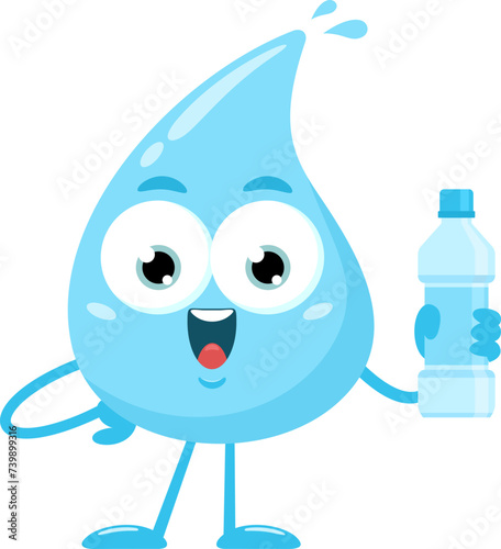 Blue Water Drop Cartoon Character Present Pure Water Bottle. Vector Illustration Flat Design Isolated On Transparent Background