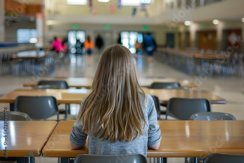 Alone at the Lunch Table: A Young Female Student's Solitude. Concept Isolation, School Experiences, Loneliness, Female Empowerment, Social Dynamics photo