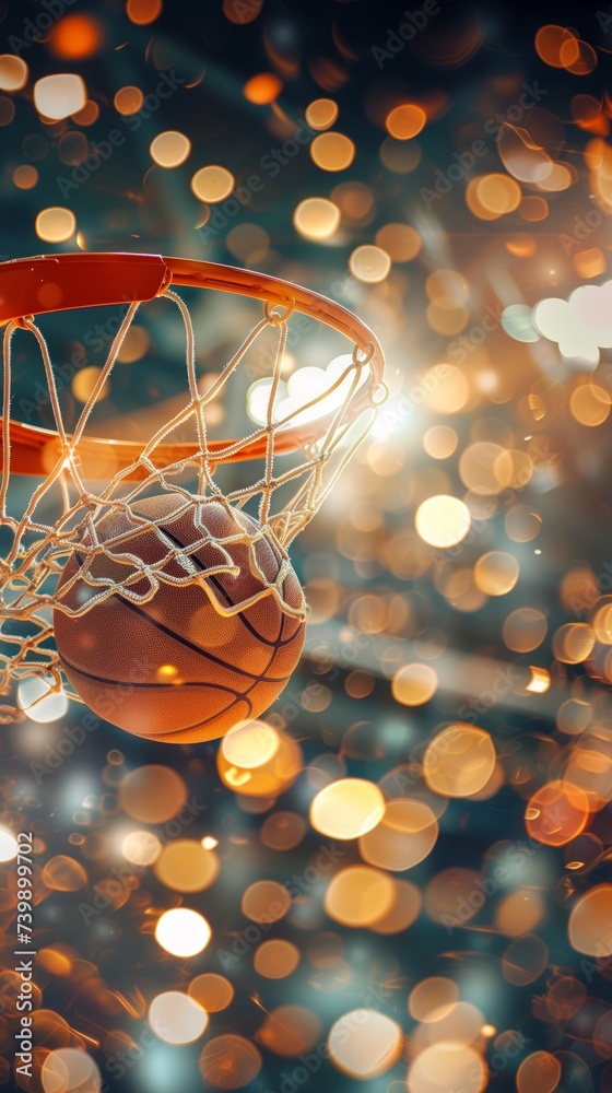 The climactic swish basketball perfection with a bokeh light celebration, sport banner concept with space for text or product