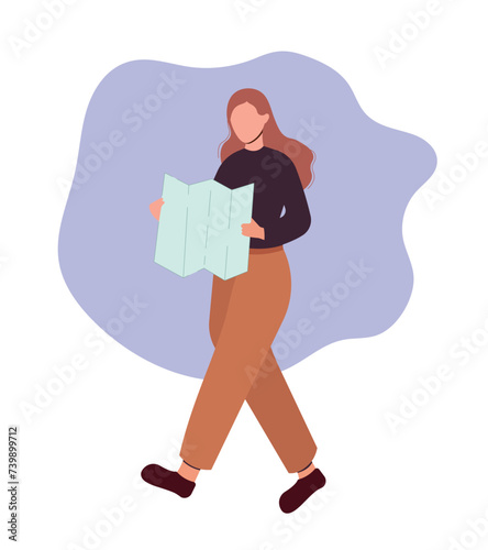 A girl, a woman is traveling, we are looking on the map. Teacher at school. Element for printing poster, placard, advertising, brochure. A tourist looks at a map. Illustration on a white isolated back