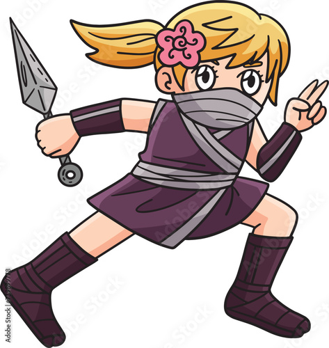Ninja Kunoichi with Kunai Cartoon Colored Clipart