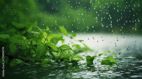 Green leaves above the water surface in drizzle. Light summer rain Water drops