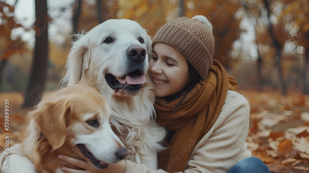 blond woman holding paws of her golden retriever dog in the park,Young woman with her cute Jack Russell Terrier at home. Lovely pet
