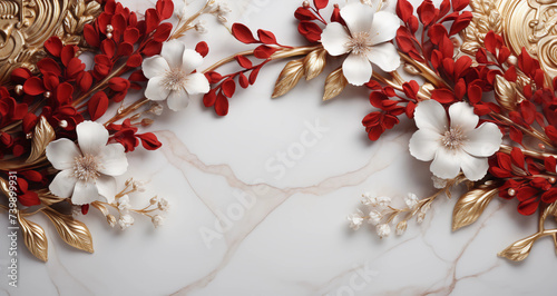 3D wallpaper of dark red flowers and golden leaves on a white marble background with space for copy