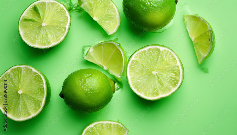 lime and sliced lime, isolated light green background, above view. copy space for text

