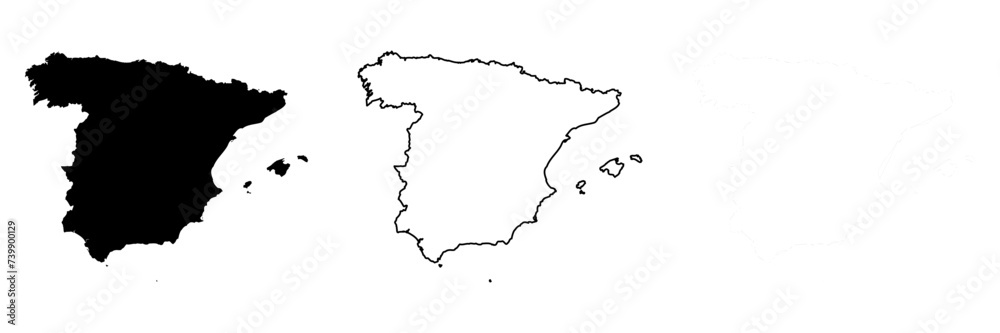 Spain country silhouette. Set of 3 high detailed maps. Solid black silhouette, thick black outline and thin black outline. Vector illustration isolated on white background.