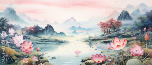 Calm Lake with blooming Lotus Flowers and Mountains with sensational mist view drawing with Elegant Chinese ink created with Generative AI Technology