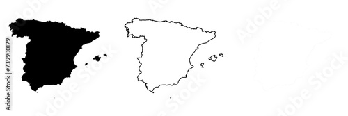 Spain country silhouette. Set of 3 high detailed maps. Solid black silhouette, thick black outline and thin black outline. Vector illustration isolated on white background.