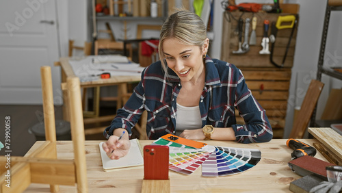 A young woman notes color options from a palette in a carpentry studio workshop. photo
