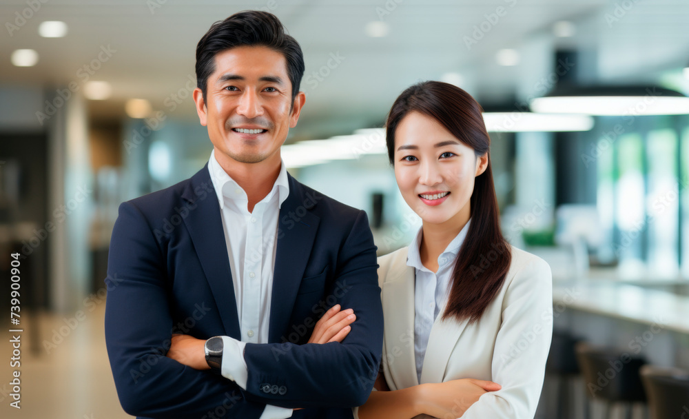 Portrait of an asian entrepreneur couple posing smiling in their restaurant. AI generative Portrait of an asian entrepreneur couple posing smiling in their restaurant. AI generative