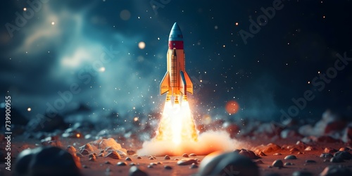 Advancement of Technology and Exploratory Spirit: Rocket Launch into Space. Concept Space Exploration, Technological Advances, Rocket Launch, Exploration Spirit, Outer Space Discovery