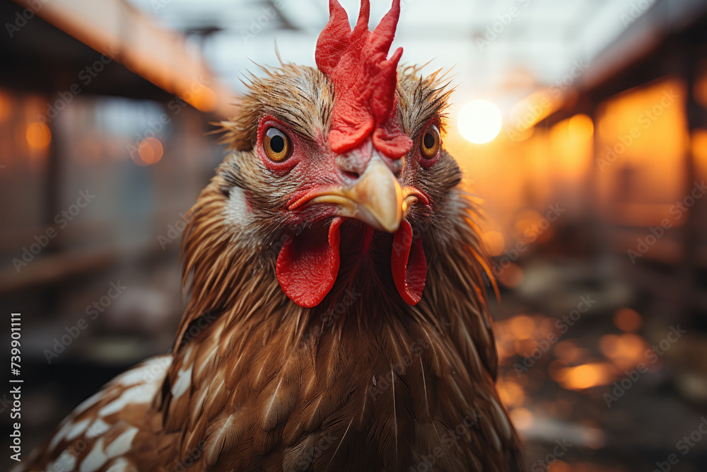 portrait of the chicken face on the background of the coop with subtle twilight golden light created with Generative AI Technology