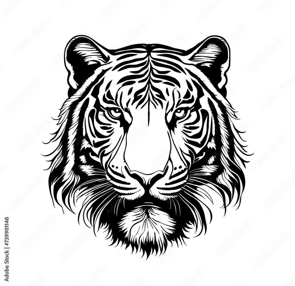 Tiger head black and white line art drawing, ink sketch, tattoo, logo design. East horoscope sign, symbol. Vector engraved styled monochrome illustration isolated on transparent background.