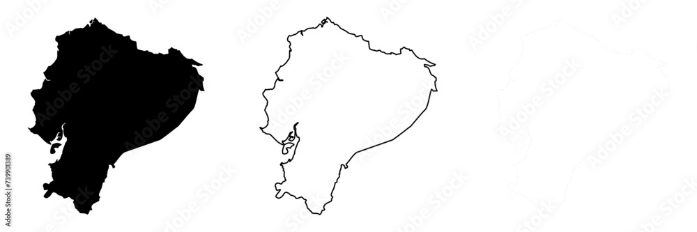Ecuador country silhouette. Set of 3 high detailed maps. Solid black silhouette, thick black outline and thin black outline. Vector illustration isolated on white background.