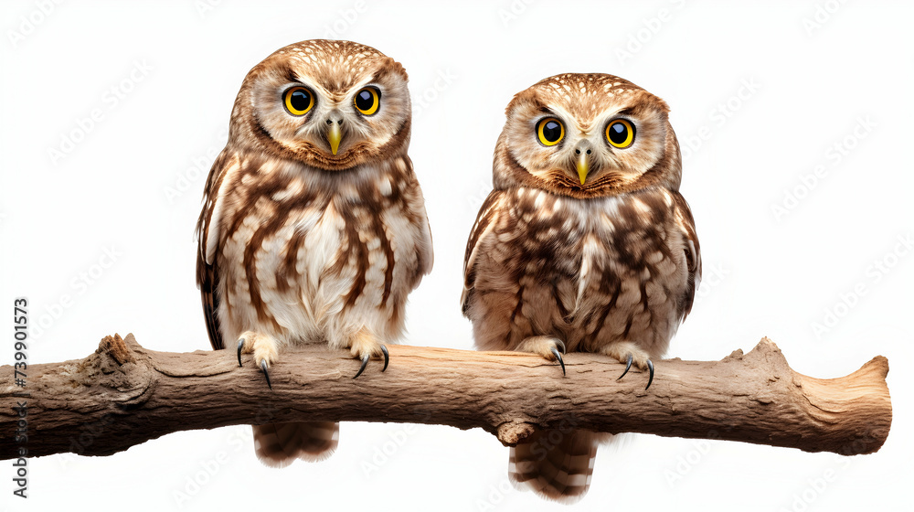A pair of wise and alert owls perched on a branch A pair of wise and alert owls perched on a branch