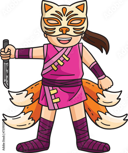 Ninja with Kitsune Mask and Tail Cartoon Clipart 