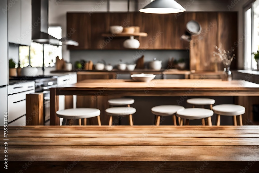 : The beauty of simplicity shines through in this image, with a wooden table standing gracefully against the blurred background of a kitchen bench, the scene rendered in breathtaking HD. - obrazy, fototapety, plakaty 