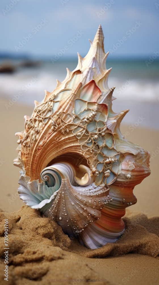 Obraz premium The intricate details of Seashell Conch on the shore express love and the creation of oceanic treasures