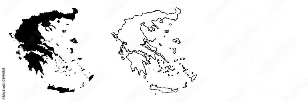 Greece country silhouette. Set of 3 high detailed maps. Solid black silhouette, thick black outline and thin black outline. Vector illustration isolated on white background.