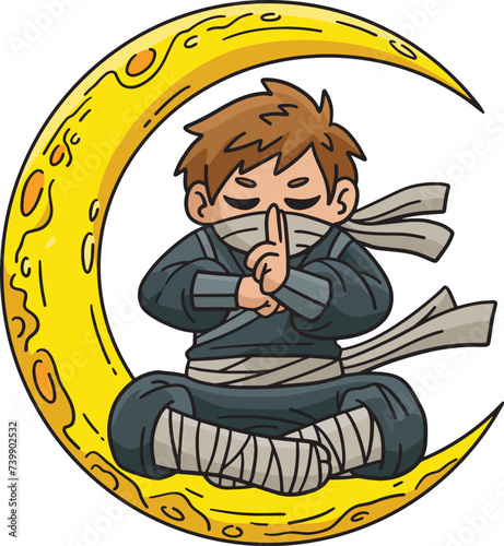 Ninja and Crescent Moon Cartoon Colored Clipart 