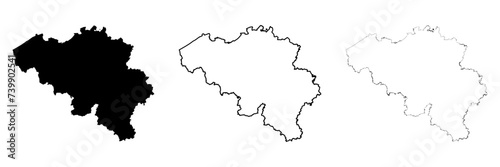 Belgium country silhouette. Set of 3 high detailed maps. Solid black silhouette, thick black outline and thin black outline. Vector illustration isolated on white background.