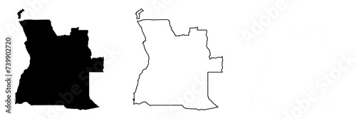 Angola country silhouette. Set of 3 high detailed maps. Solid black silhouette, thick black outline and thin black outline. Vector illustration isolated on white background.