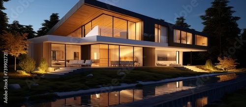 Modern house with swimming pool illuminated at night