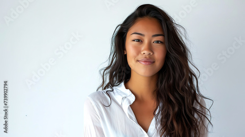 an young woman Fashion Model looking into the Camera with a smile isolated on clear white background