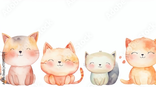 A whimsical watercolor illustration of four kittens sitting with content expressions, in soft pastel tones, ideal for children's storytelling or as a gentle nursery wall ar photo
