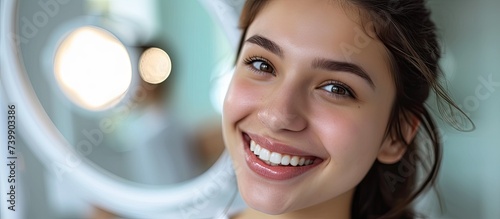 A happy girl smiles after teeth whitening, looking at herself in the mirror during a dental appointment for caries treatment and toothache relief.