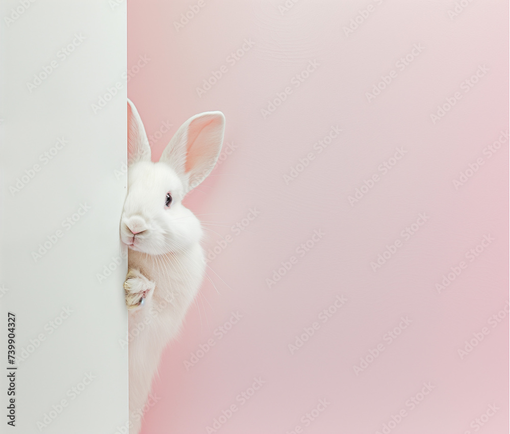 Curious white rabbit squeezes between walls to peer out from the corner, its adorable face filled with curiosity and wonder.Bunny's playful exploration with charming touch.  Easter-themed design.