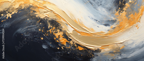Abstract artistic oil painting with stylish wave swirls of gold and gray striped brush strokes with shimmering metallic accents created with Generative AI Technology