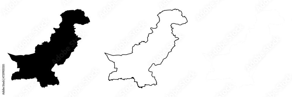 Pakistan country silhouette. Set of 3 high detailed maps. Solid black silhouette, thick black outline and thin black outline. Vector illustration isolated on white background.