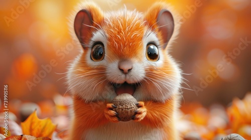 Mischievous 3D cartoon squirrel with acorn in orange autumn setting © Kanisorn