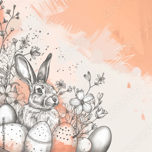 Watercolor and Ink Easter Bunny with Patterned Eggs Amidst Peach-Toned Florals Background