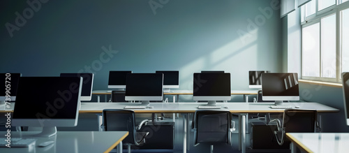 salle de formation vide avec bureaux et ordinateurs