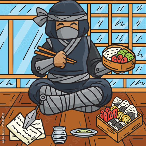 Ninja Eating Bento Colored Cartoon Illustration