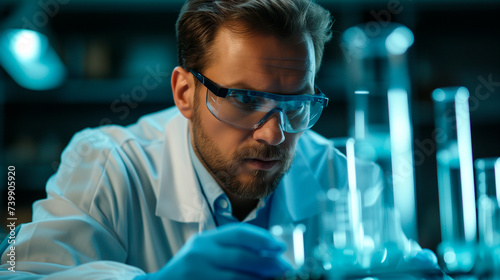 Male scientist analyzes liquid in test tubes during pharmaceutical and chemical research in the lab