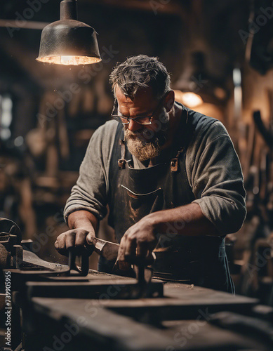 portrait of a blacksmith worker in his workshop
 photo