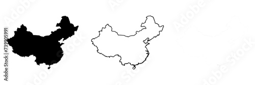 China country silhouette. Set of 3 high detailed maps. Solid black silhouette, thick black outline and thin black outline. Vector illustration isolated on white background.