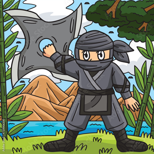 Ninja with Huge Shuriken Colored Cartoon 