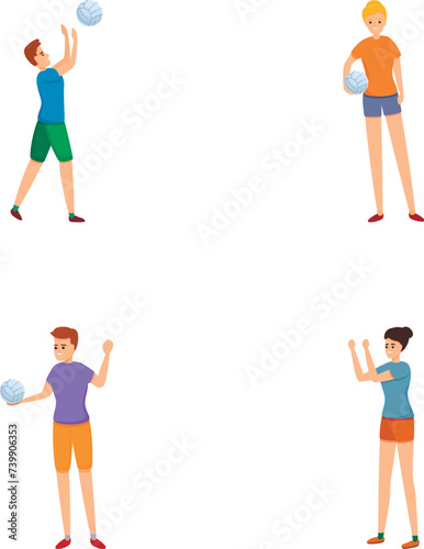 Volleyball player icons set cartoon vector. People playing volleyball together. Team sport game