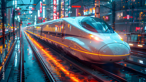 Futuristic high speed train in a bustling. Generative AI