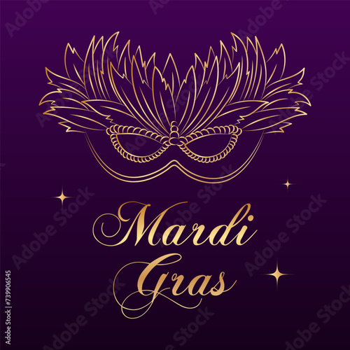 Mardi Gras banner, golden luxury carnival mask and text on star background. Poster, flyer, vector