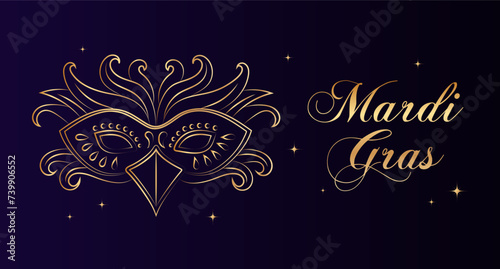 Mardi Gras banner, golden luxury carnival mask and text on star background. Poster, flyer, vector