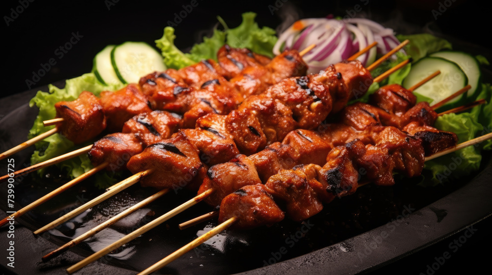 Delicious and spicy Thai bbq pork satay meat grilled over coals created with Generative AI Technology