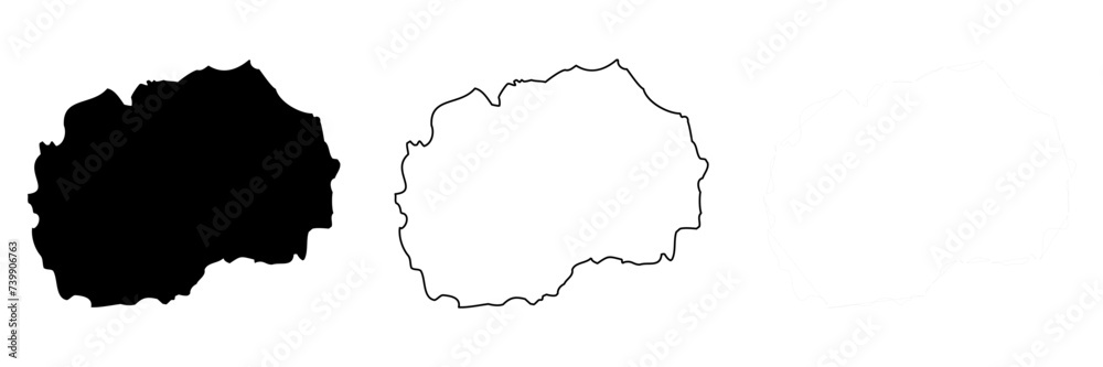 North Macedonia country silhouette. Set of 3 high detailed maps. Solid black silhouette, thick black outline and thin black outline. Vector illustration isolated on white background. North Macedonia country silhouette. Set of 3 high detailed maps. Solid black silhouette, thick black outline and thin black outline. Vector illustration isolated on white background.